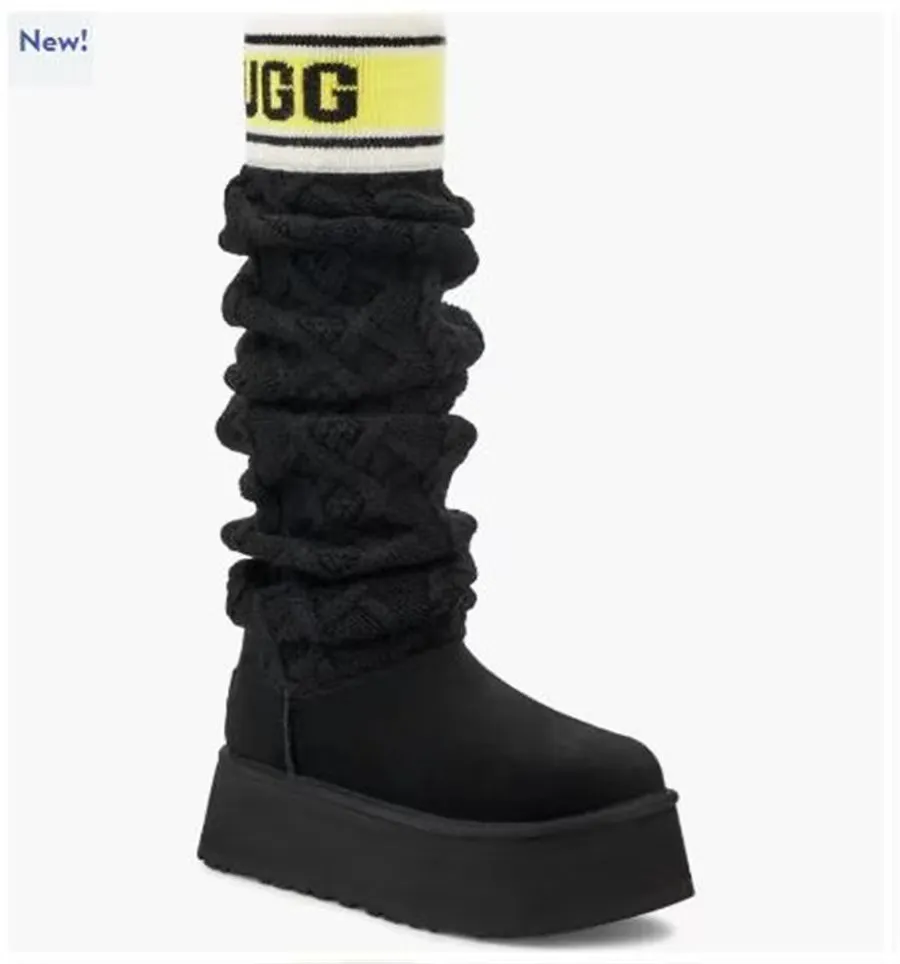 💰600 UGG sheepskin all-in-one snow boots 4045 UGG snow boots new winter pure hand-knitted wool socks and fur all-in-one warm anti-slip high cotton boots Color: maroon black Matching code: 35-40